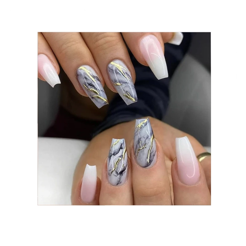 Marble Stone Style Steel X Coffin French Artificial Fingernails Gel Kids Press On Nails