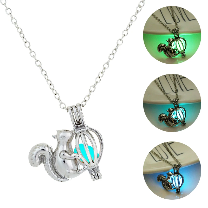 
Glow In The Dark Squirrel Pendant Necklace For Women Fluorescent Luminous Animal Nut Glowing Silver Jewelry Halloween Gift 