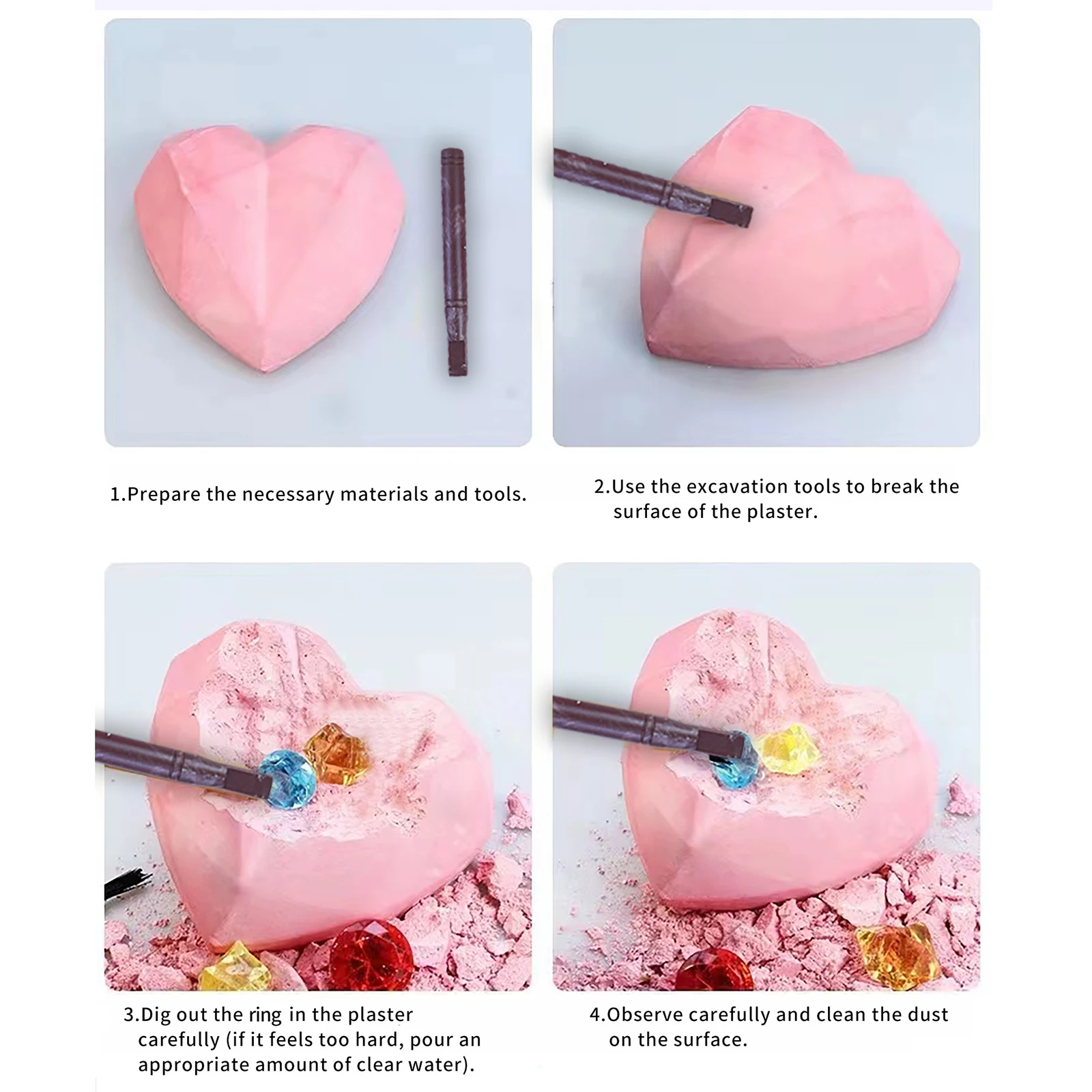 Wholesale Educational Archaeological Dig Kits for Girls Plastic Heart Gemstone Ring Cross-Border Princess Plaster Toys Children
