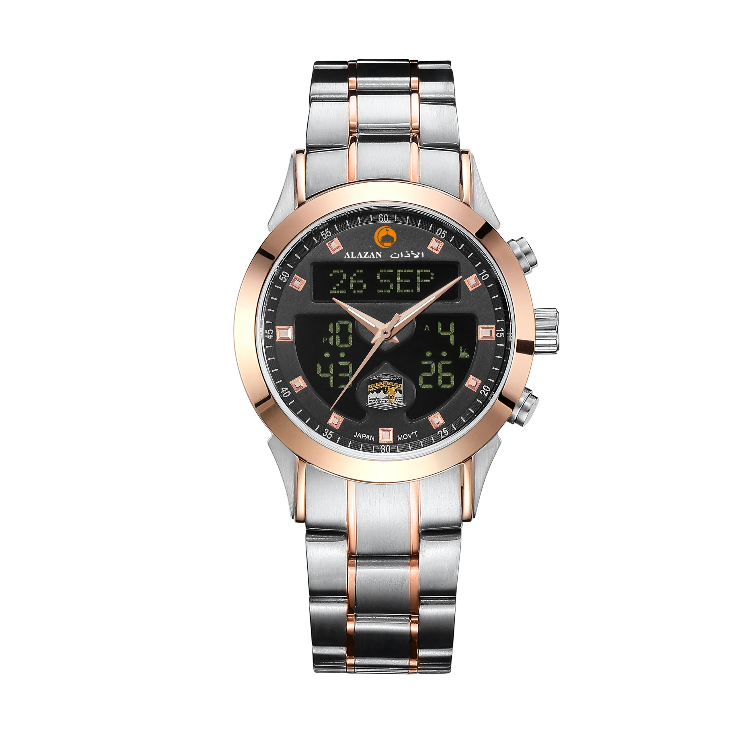 alazan Islamic alasr muslim azan alfajr Stainless steel dual time pray qibla compass waterproof Digital watch factory wholesaler