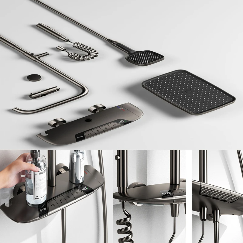 Tiktok Hot Gun Gray Intelligent Piano Digital Display Faucet Shower Rainfall System Set Hot Cold Tap Shower Set