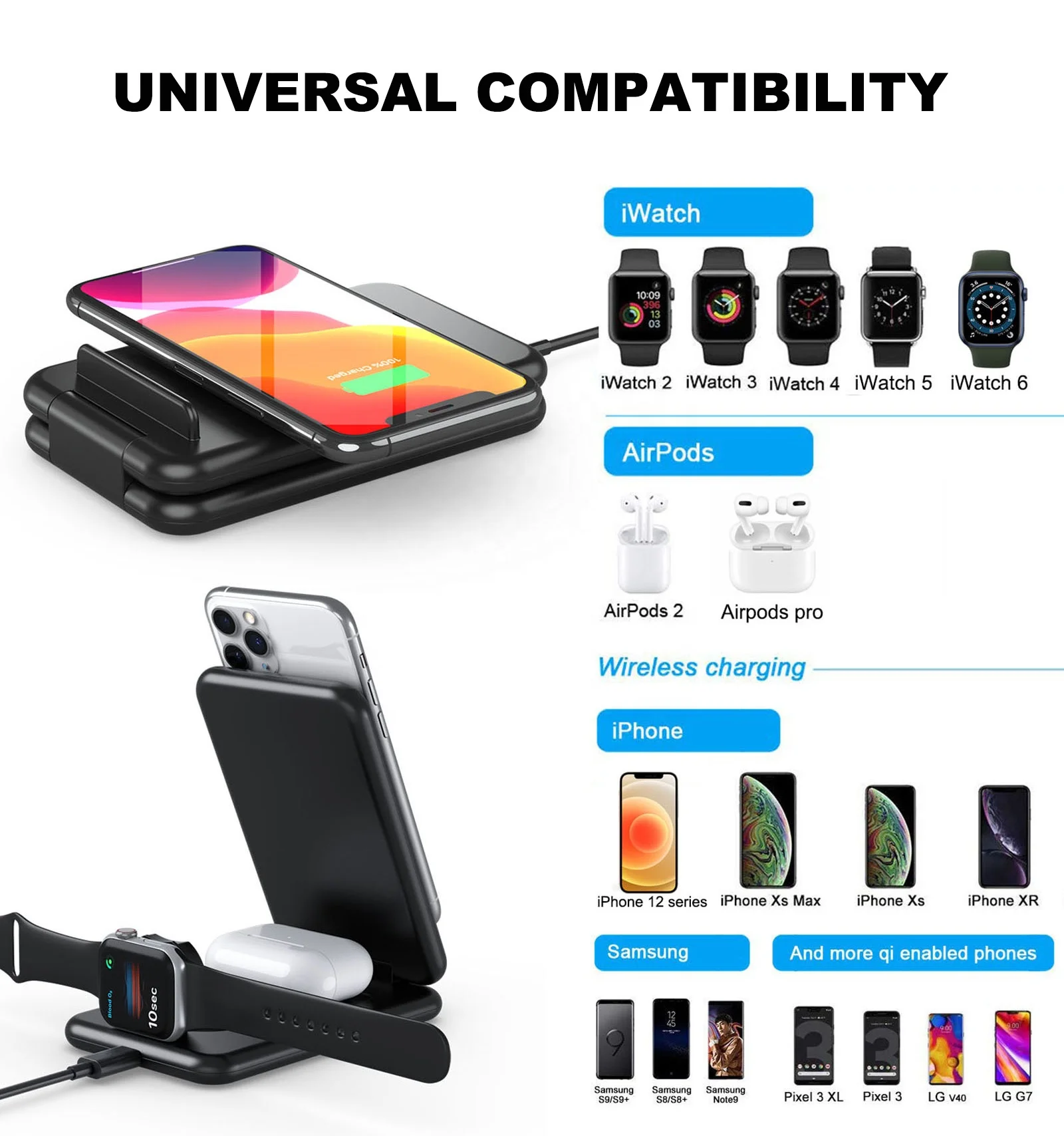  Trending Products 2021 New Arrivals 15w Qi Fast Charge 3 in 1 Wireless Phone Charger 3-in-1 Charging Dock Station
