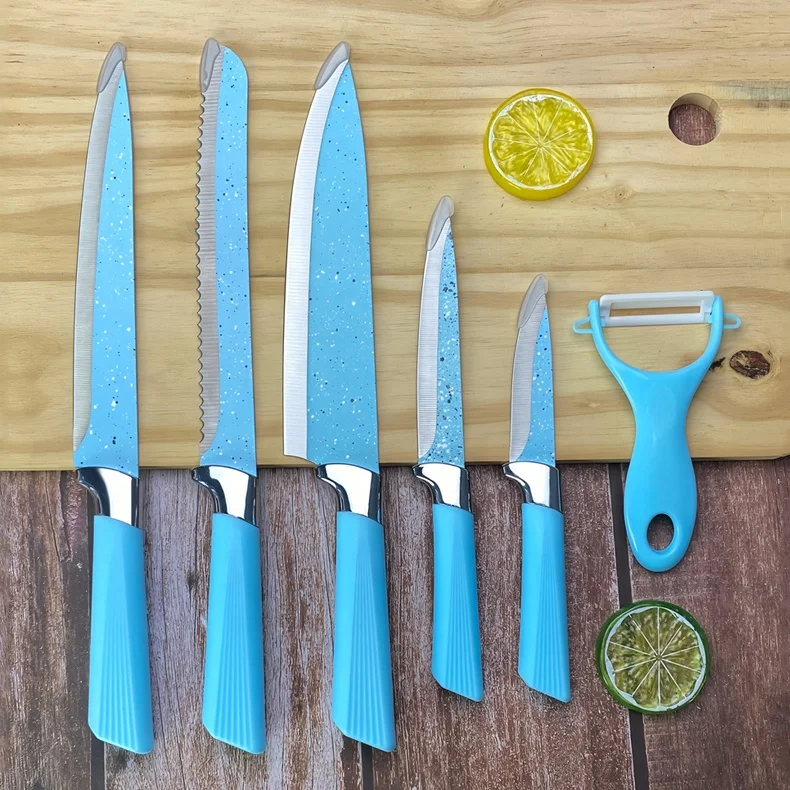 Factory Wholesale 6PCS Stainless Steel Kitchen Knife Set With Holder Non-Stick Coating Chef Knife PP Handle Kitchen Knives