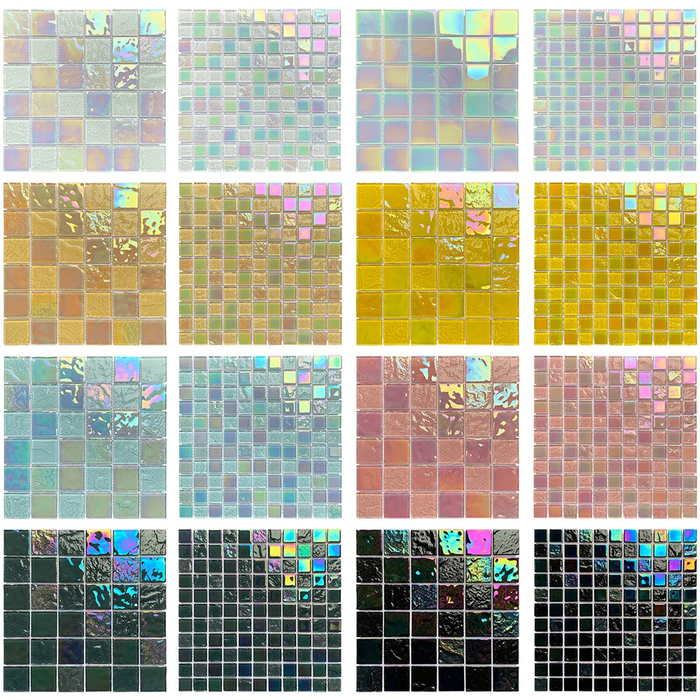 Luxurious iridescent mosaic tiles bathroom shower wall crystal rainbow white blue swimming pool tiles glass mosaic