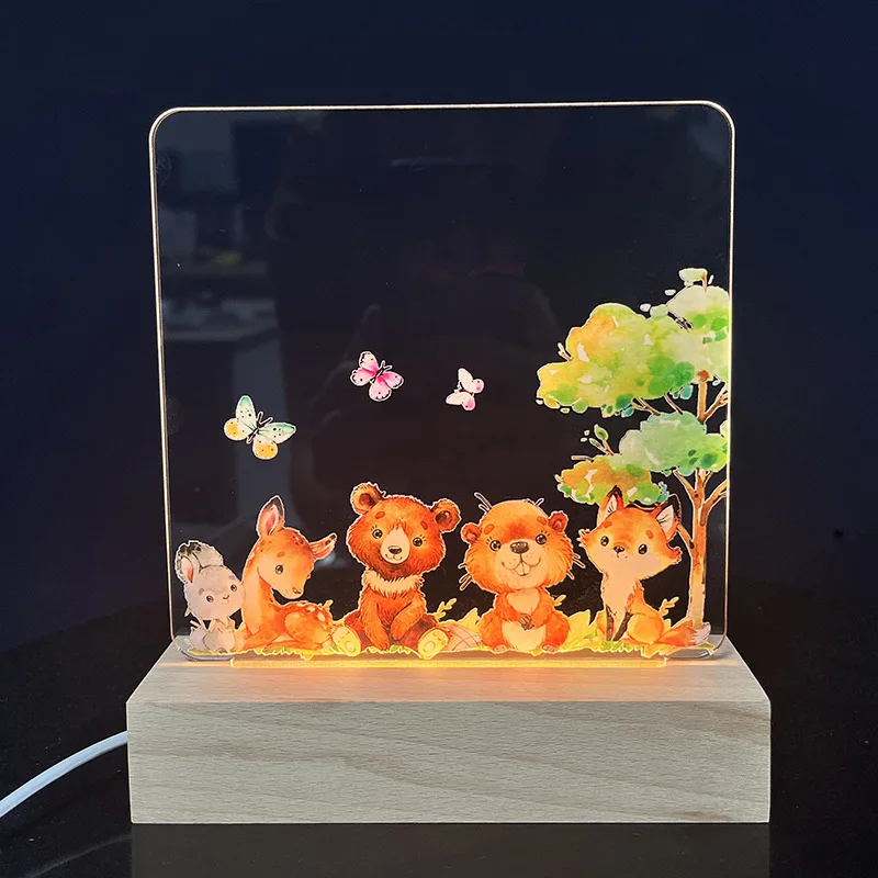 Colorful printing 3D creative kids light customize animals warm white wooden base acrylic led night light with usb charge
