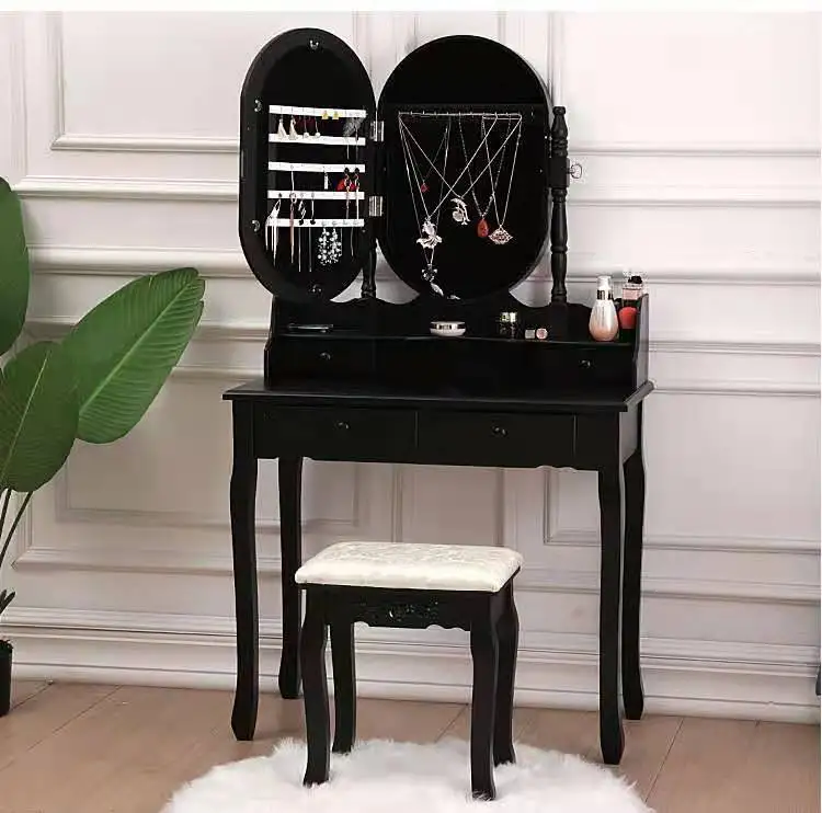 Makeup Dressing Table with Jewelry Organized Cabinet and Cushioned Vanity Stool
