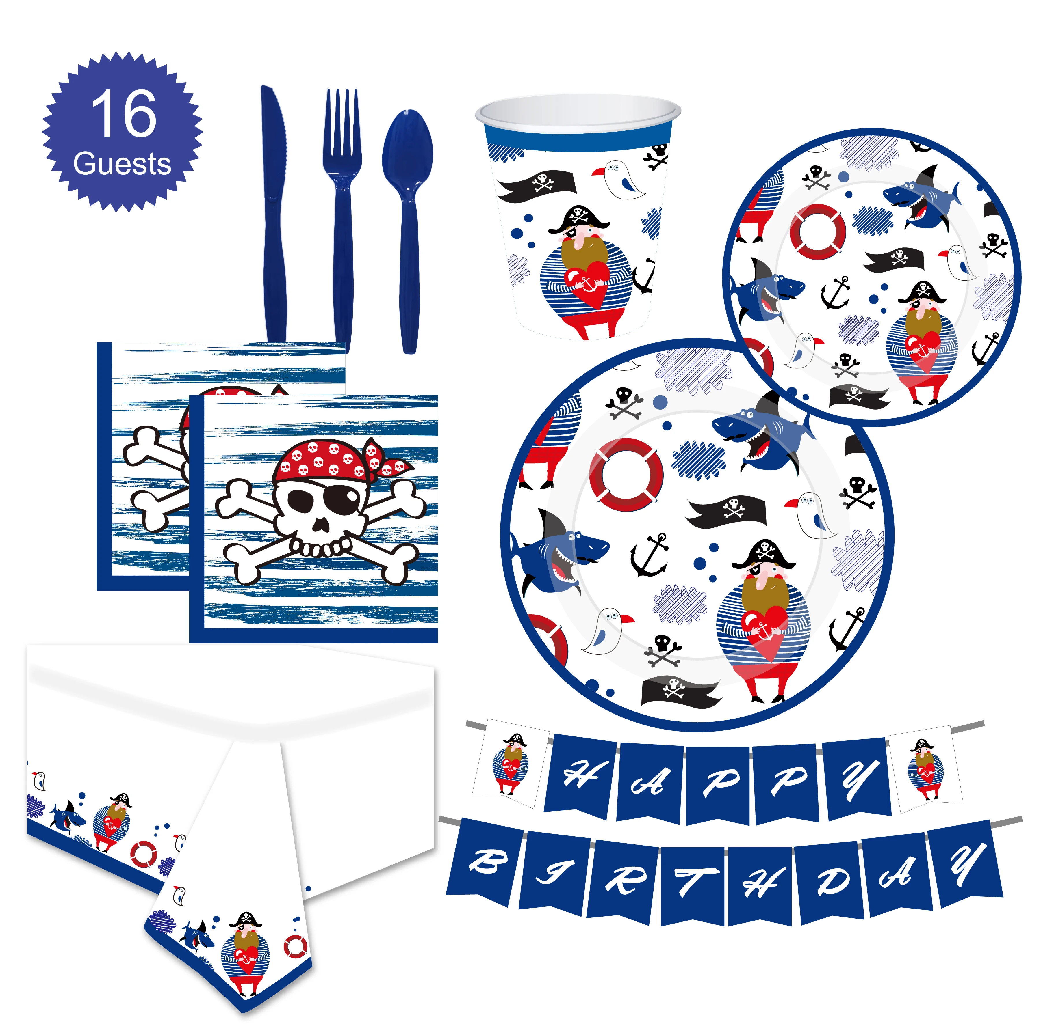 Pirate Theme Tableware Sets Birthday Party Decoration For Children Disposable Party Supplies Home Decoration -Serves 16