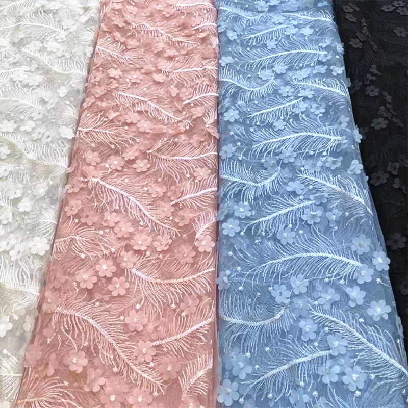 
High Quality 3d Flowers Feather Embroidery Mesh Net Fabrics For Womens Dresses Stripe Embroidered Lace Trim Textiles Bridal 