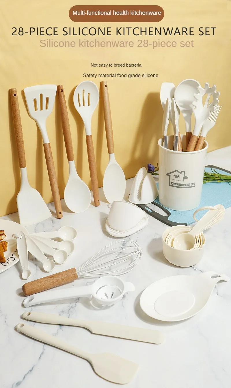 19-Piece Non-Stick Silicone Kitchenware Utensils Set Soup Spatula & Spoon Holder with Wood Handle PP PC Material Cooking Baking