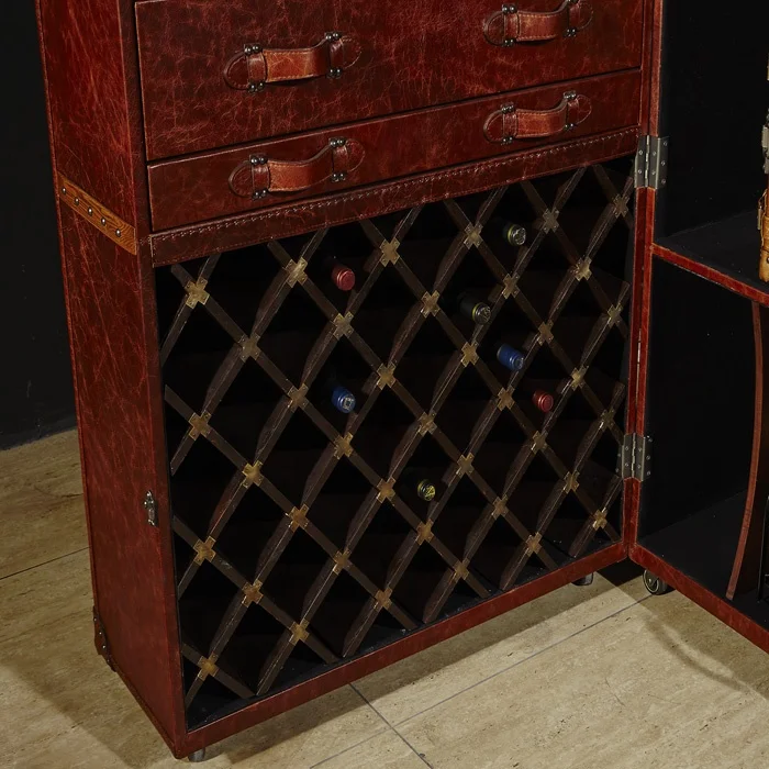 wine cabinet wood tall full top grain leather 2doors living room whisky display cabinet for hotel VIP room villa house