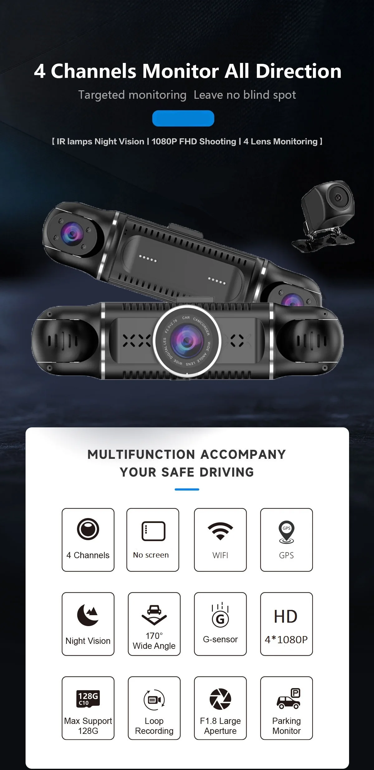 360 Hidden Dash Cam 4 Channel 1080P GPS & WiFi CPL Dual Lens Light Night Vision with Rear Lens Car DVR Car black box