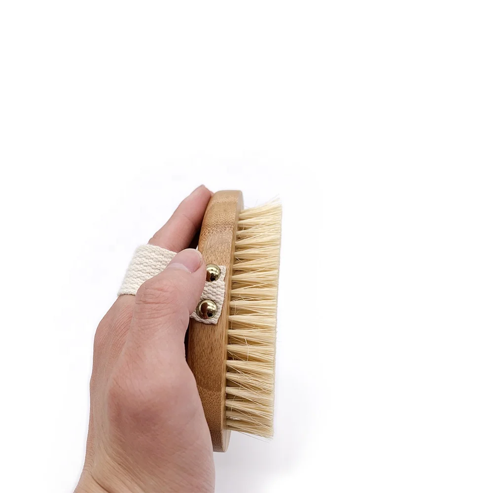 Hot Sale Wood Natural Bristle Dry Skin Body Brush With Total Bamboo Handle Hand Band For Nice Comfortable  Grip