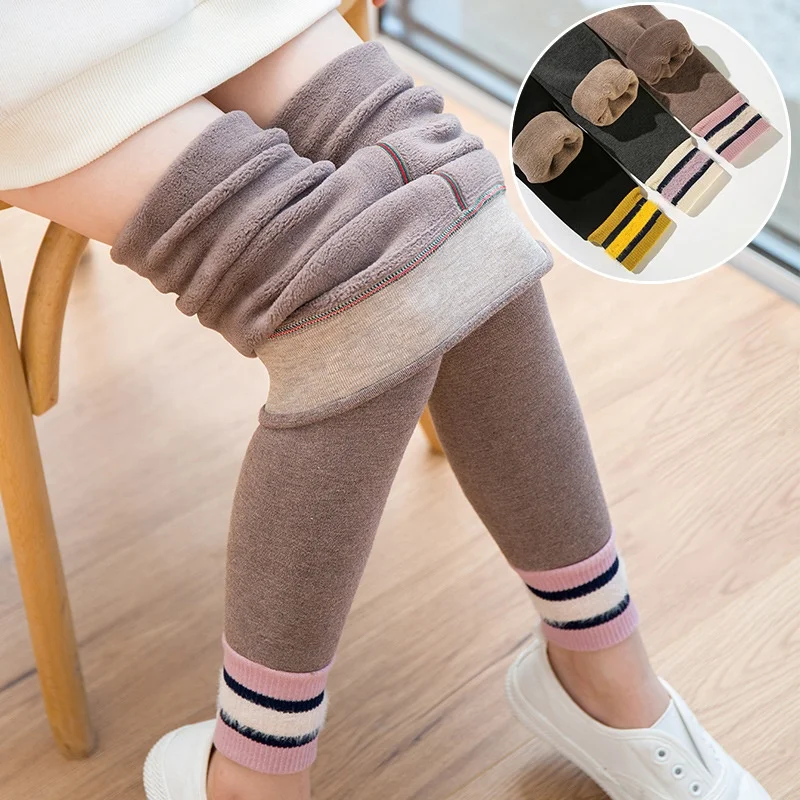 New Winter Thickening Warm Pants For Girls 3-12 Year Stripe Leggings Children Girl Skinny Plus Velvet Pencil Trousers