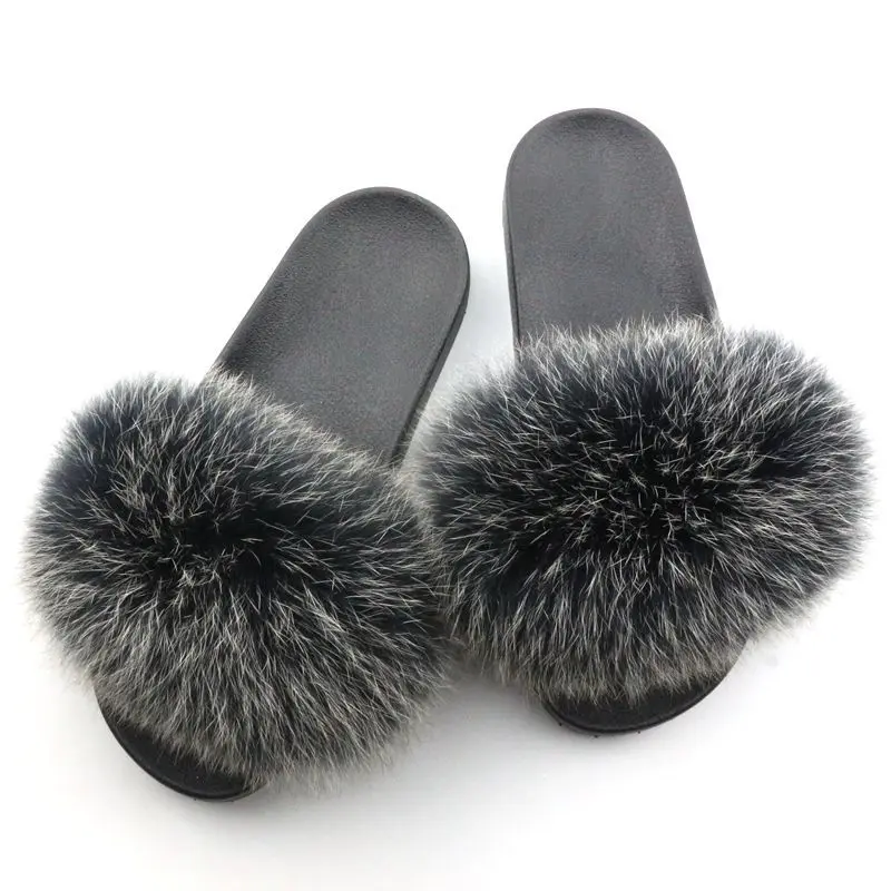 Real Fur Slides Fox Slippers Women Fluffy Slippers Fox Fur Slipper