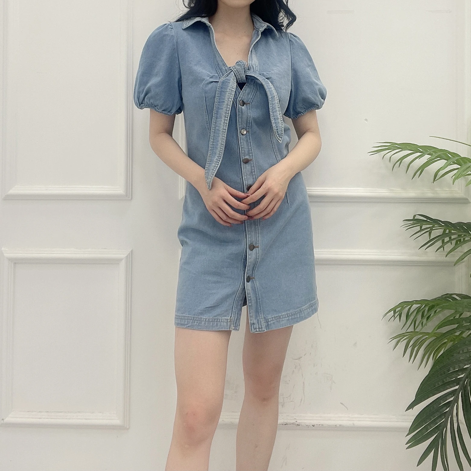 women summer shirt dress Elegant puff short sleeve bodycon jeans dress Hollow out knot tie blue denim dress