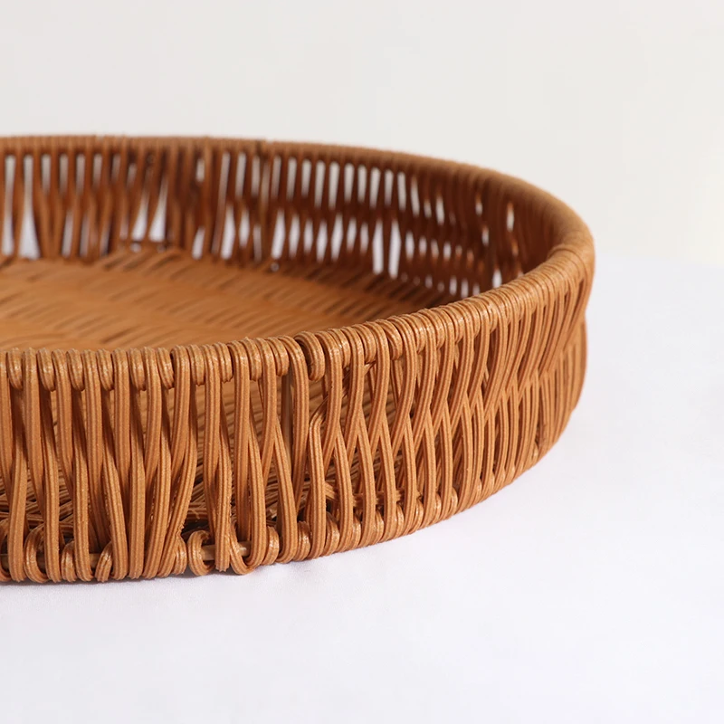 Hot Sale Direct Supplier Household Round Rattan Tray Bread Fruit Hand Storage Wicker Woven Plastic Tray Basket for Food