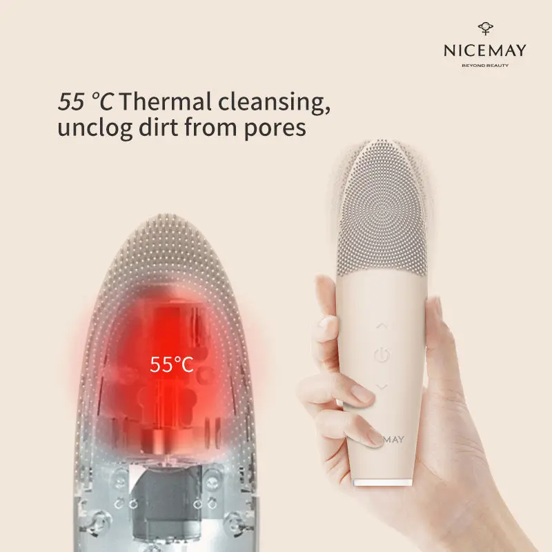 IPX7 Waterproof Heating Face Scrubber Massager Sonic Silicone Facial Cleansing Brush
