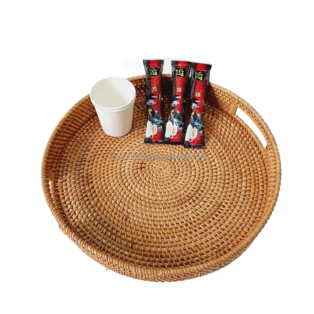 Handle Woven Rattan Round Serving Tray with Handles Bread Cake Pastries Original Rattan Tray
