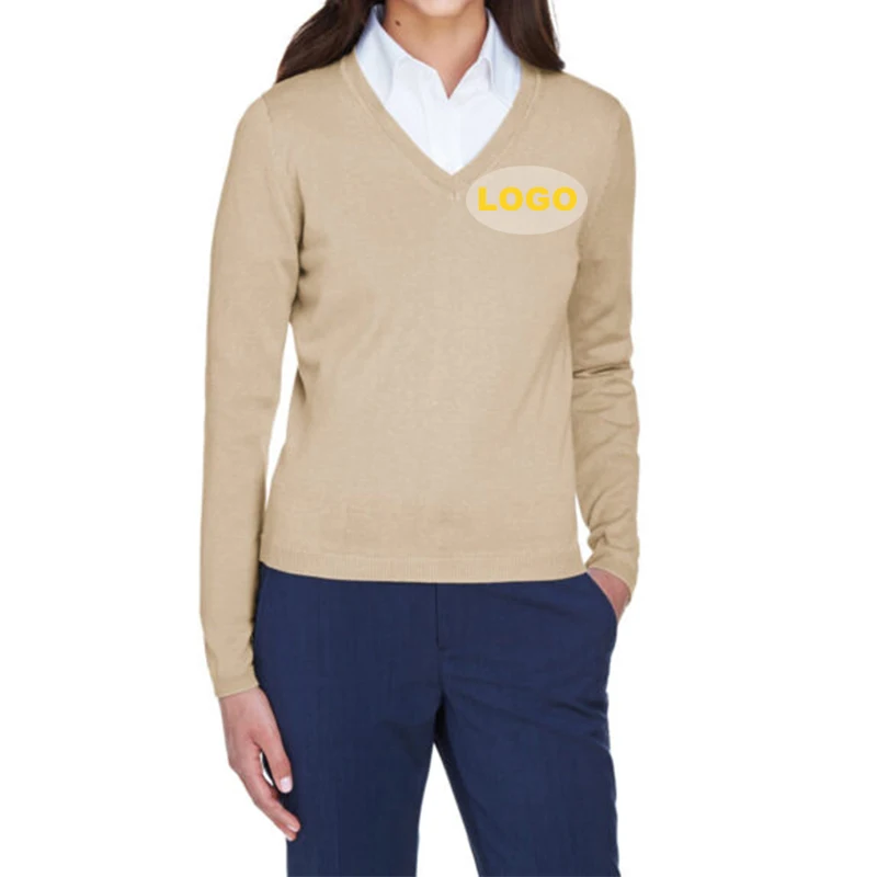Новый дизайн женской деловой одежды осень 100% хлопок V-образный вырез Вязаная женская униформа большого размера для сотрудника свитер с пользовательским логотипом