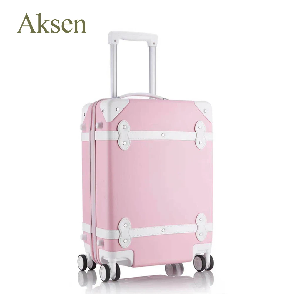 Classic Vintage Carry-on Trolley Suitcases Genuine PU Leather Pink TSA Lock Retro Trunk Trolley Luggage