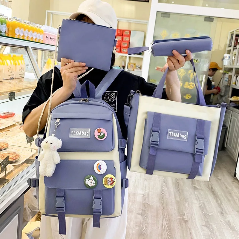 4 Pcs Set Women Laptop Backpack For Teenage Girls Kawaii College Student Kids Book Bag Rucksack 2022 Canvas School Bags