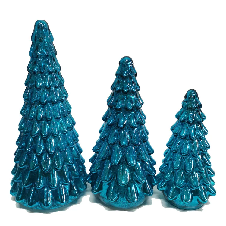 Set of 3 decorated led lighted up blue mercury hand blown glass Christmas tabletop tree