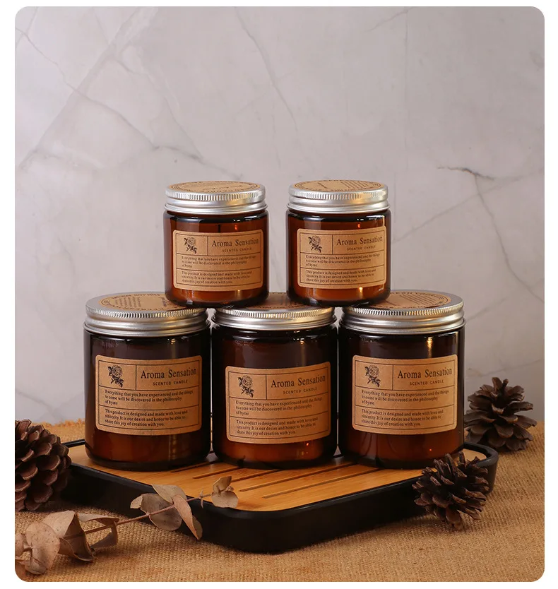 Oem Luxury 4oz 7oz 8oz 10oz 12oz 14oz Aromatherapy Holiday 200G Soy Wax Color frost glass Amber Scented Candle with metal lid