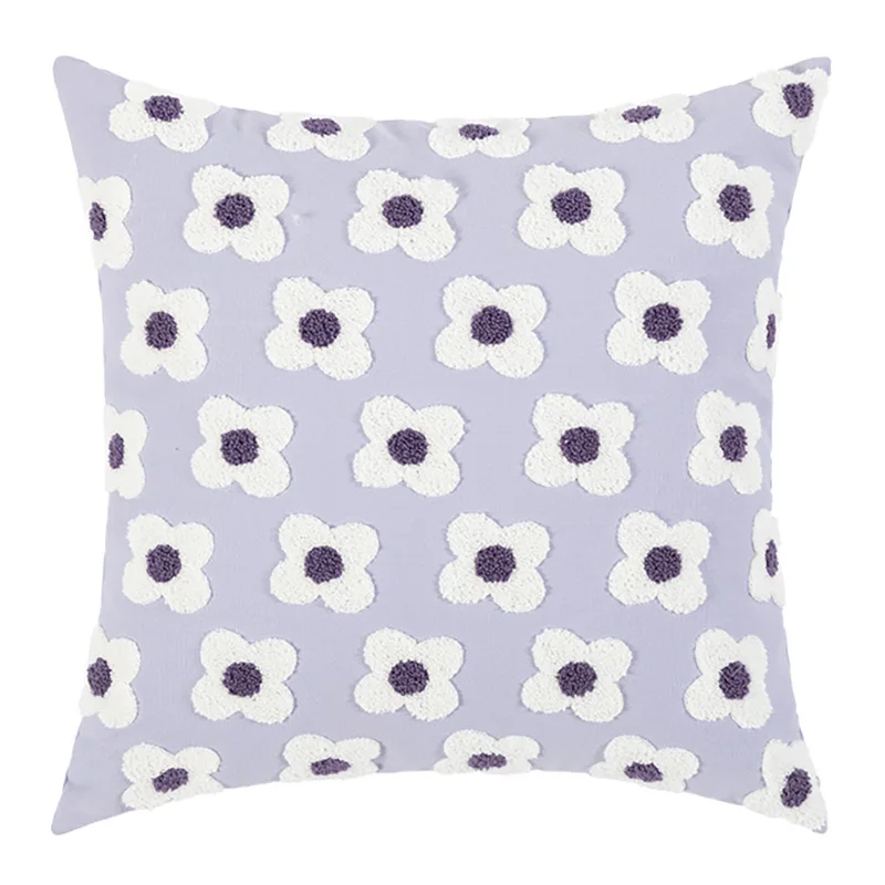 Home Decor Thick Cotton Canvas Square Loop Embroidered 4 Petal Floral Cushion Cover