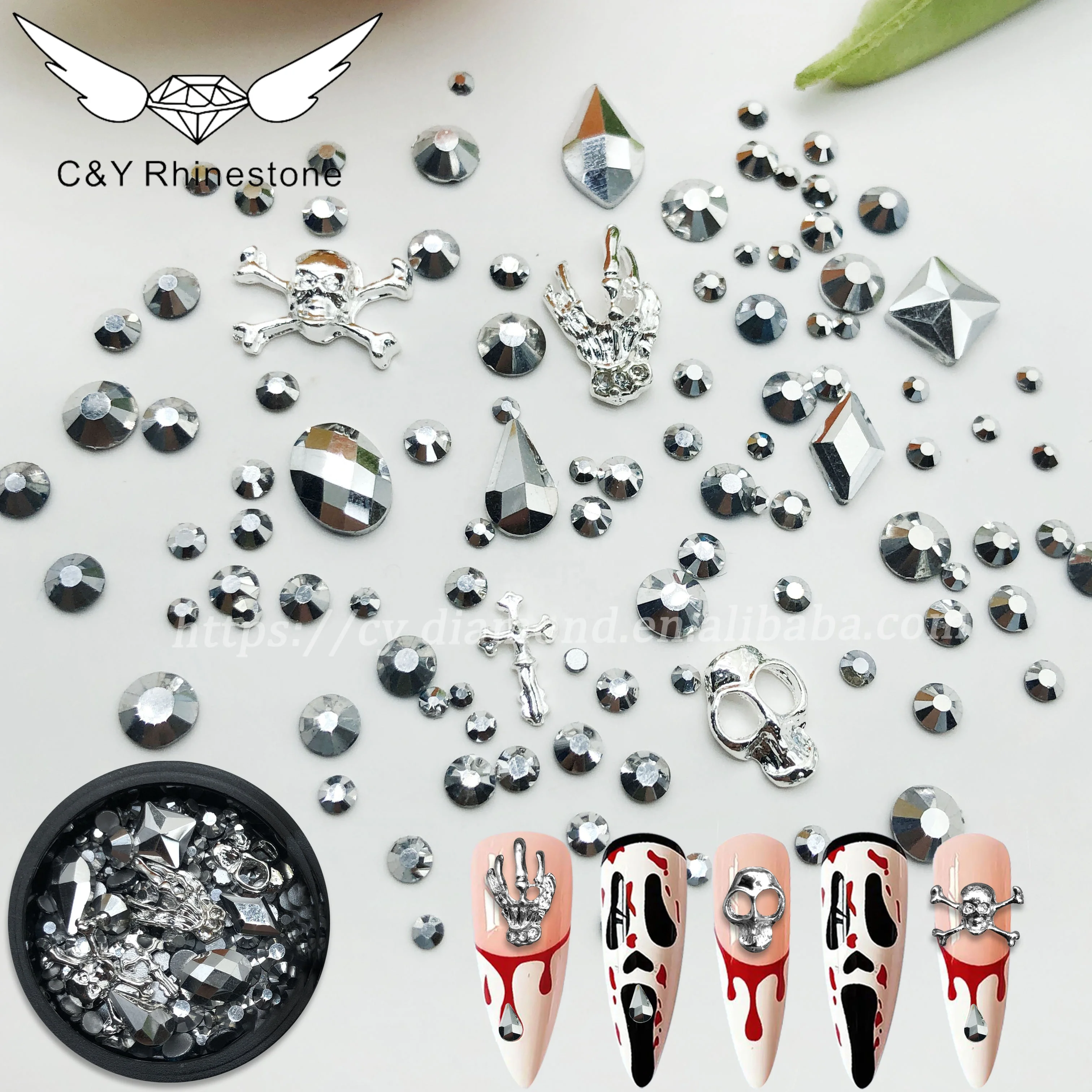 CY Halloween 3D Sliver Gold Metal Nail Design Accessories Skull Hand Nail Art Rhinestone