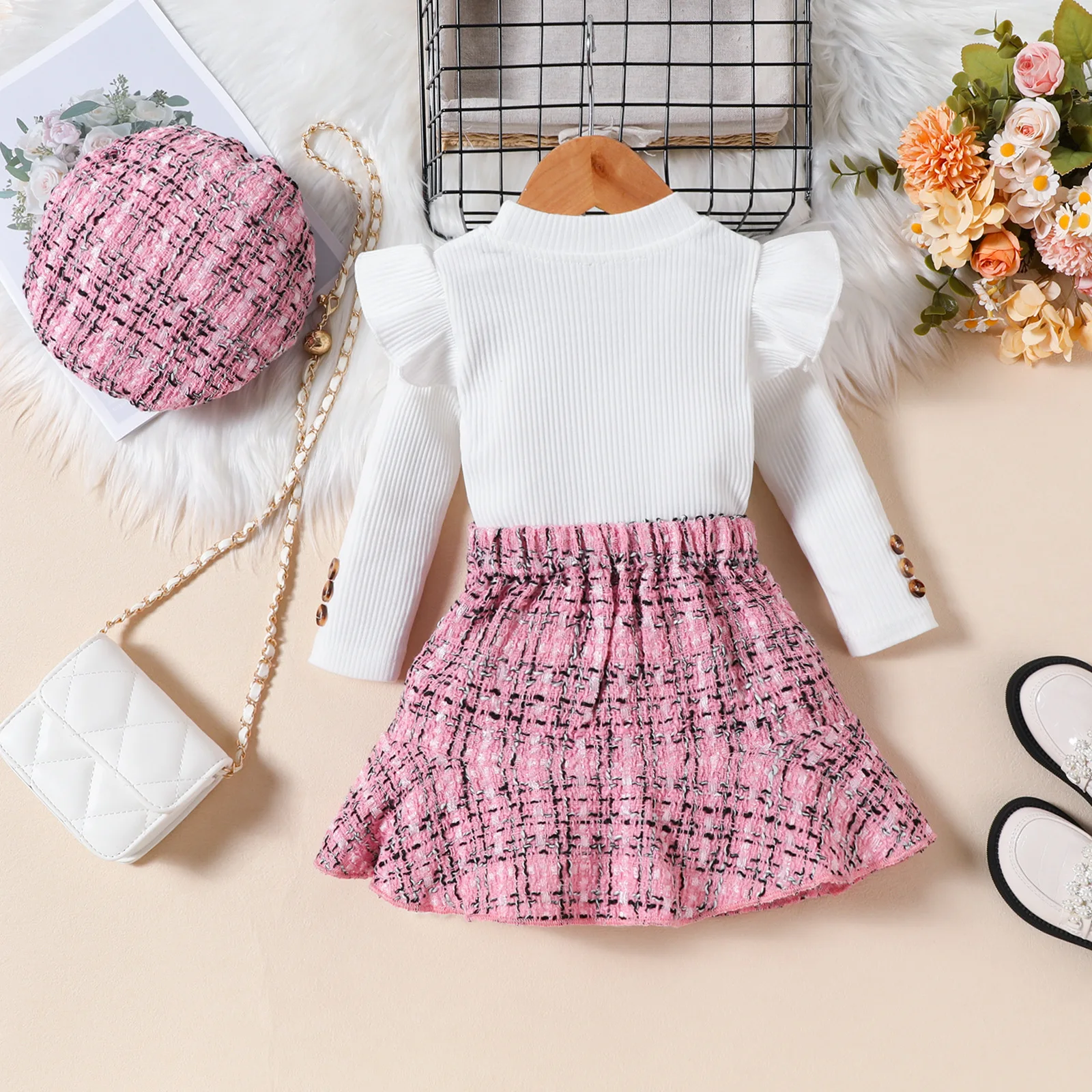 Qingli ODM Custom Factory European Fashion Baby Girl Winter Cotton Clothes Set Casual Pink Plaid Skirt and Top for Children