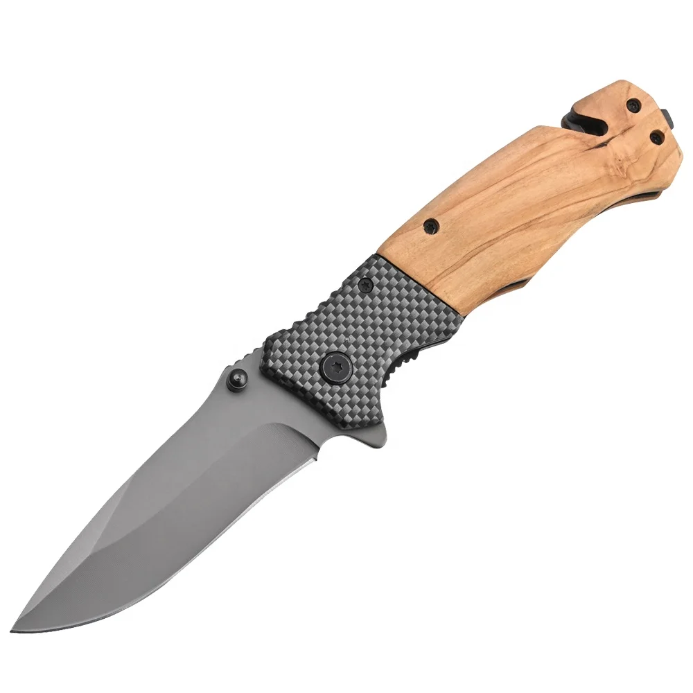 Custom Logo Titanium Coated Folding Steel Blade Survival Camping Pocket Knife With Olive Wood Handle