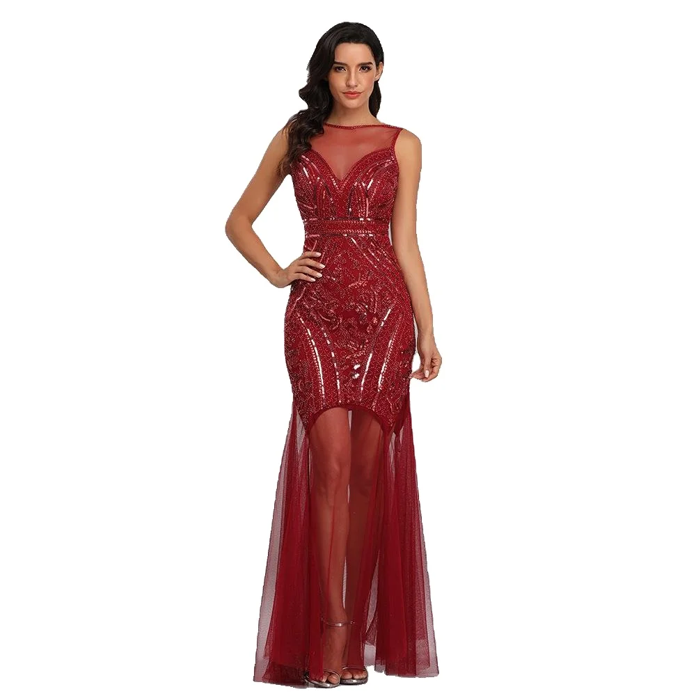 Gauze nail beads perspective sexy evening dress wine red round neck sleeve free Prom Sequin Dress