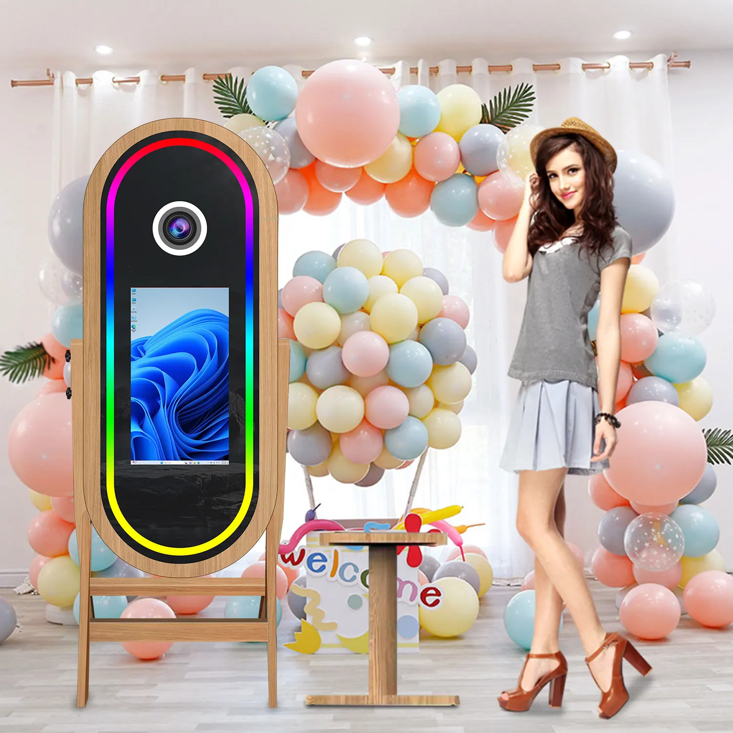 Wooden Mirror Photo Booth Selfie Touch Screen Digital Wood Magic Mirror Photo Booth DSLR Con Camera Printer Photobooth Machine