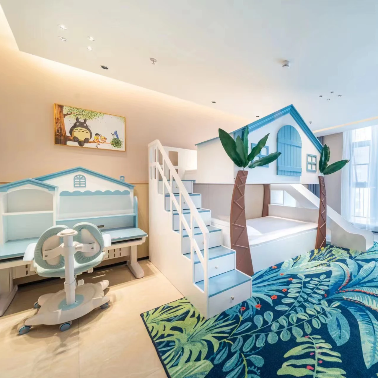 full size boys creative  bunk bed with slide and stairs