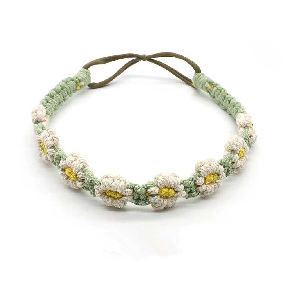 Handmade Daisy Macrame Boho Hair Bands Elastic Braided Flower Crown Headwrap Crochet Headbands for Women Girls