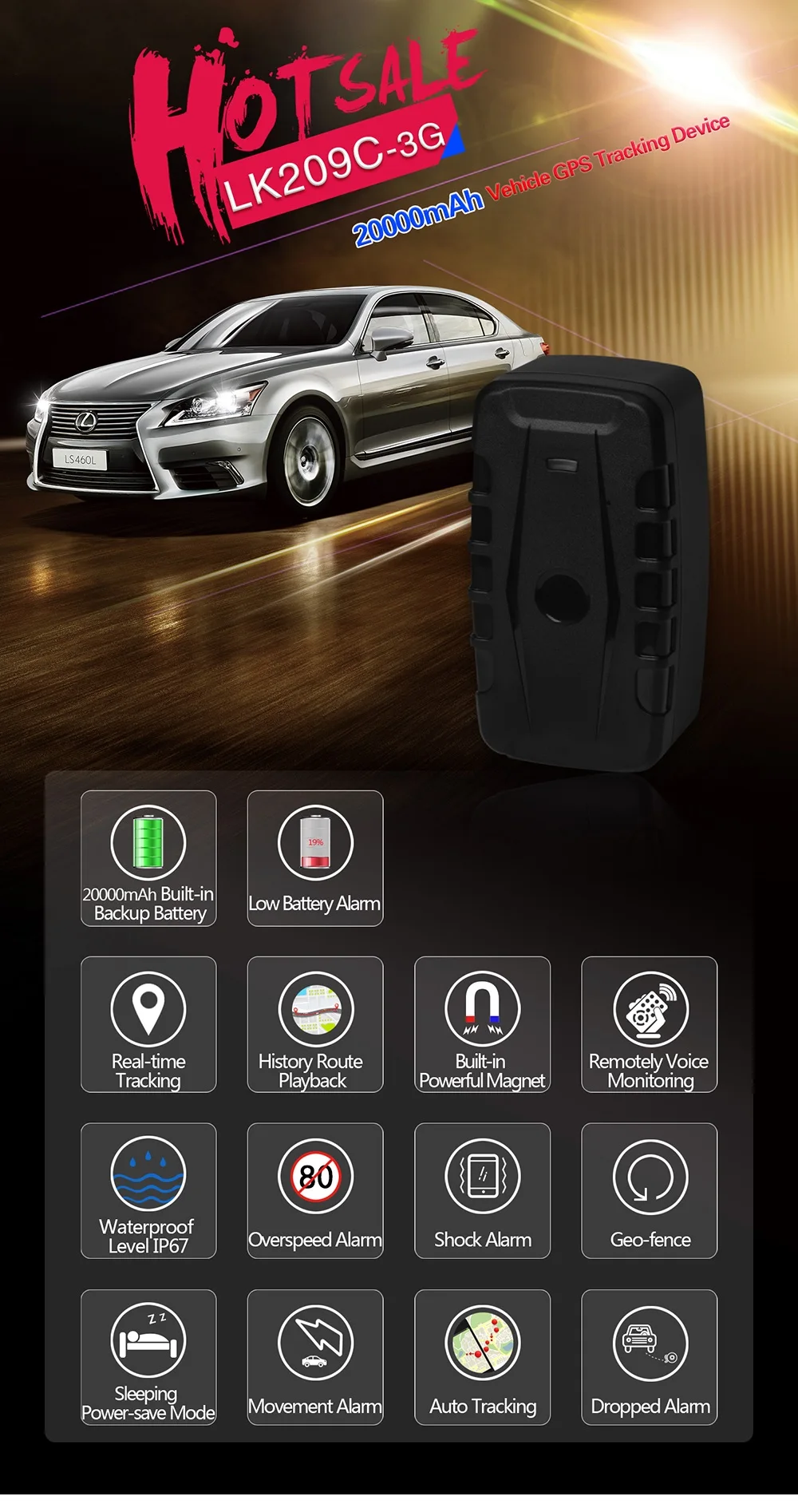 3G Car GPS Tracker LK209C High-capacity 20000mAh  Long Standby 240days Magnet LKGPS Locator Drop Shock Alarm Voice Monitor