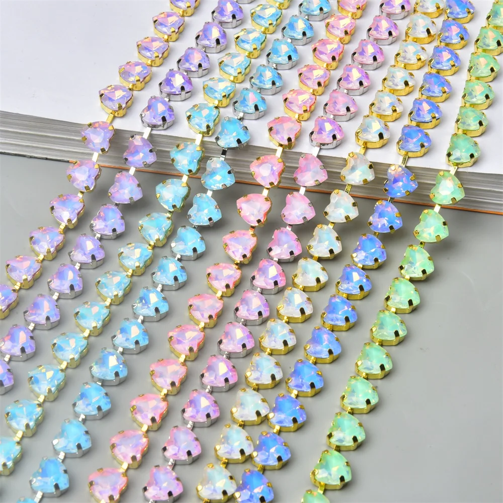 Ручной работы с опалом сердечком кристаллами металлическая отделка блестящая цветная цепочка со стразами ПРИШИТАЯ на свадебное платье обувь сумки аксессуары для рукоделия