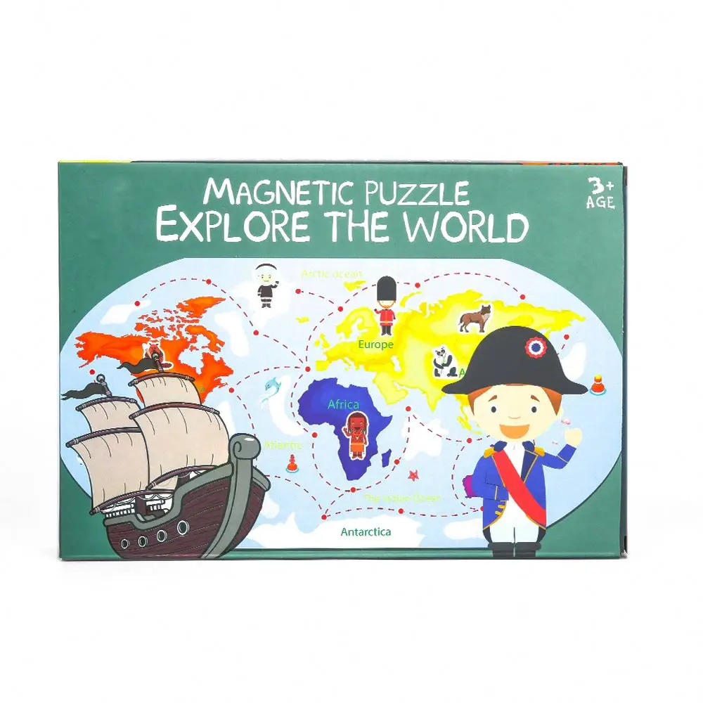 Low moq folding wild animals world map magnetic puzzle book kids