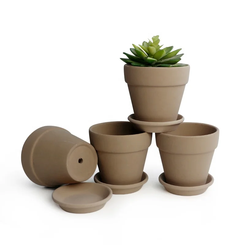 Hot selling 4inch Creative terracotta indoor pot clay glazed orchid flower pots grey color succulent pot with tray indoor