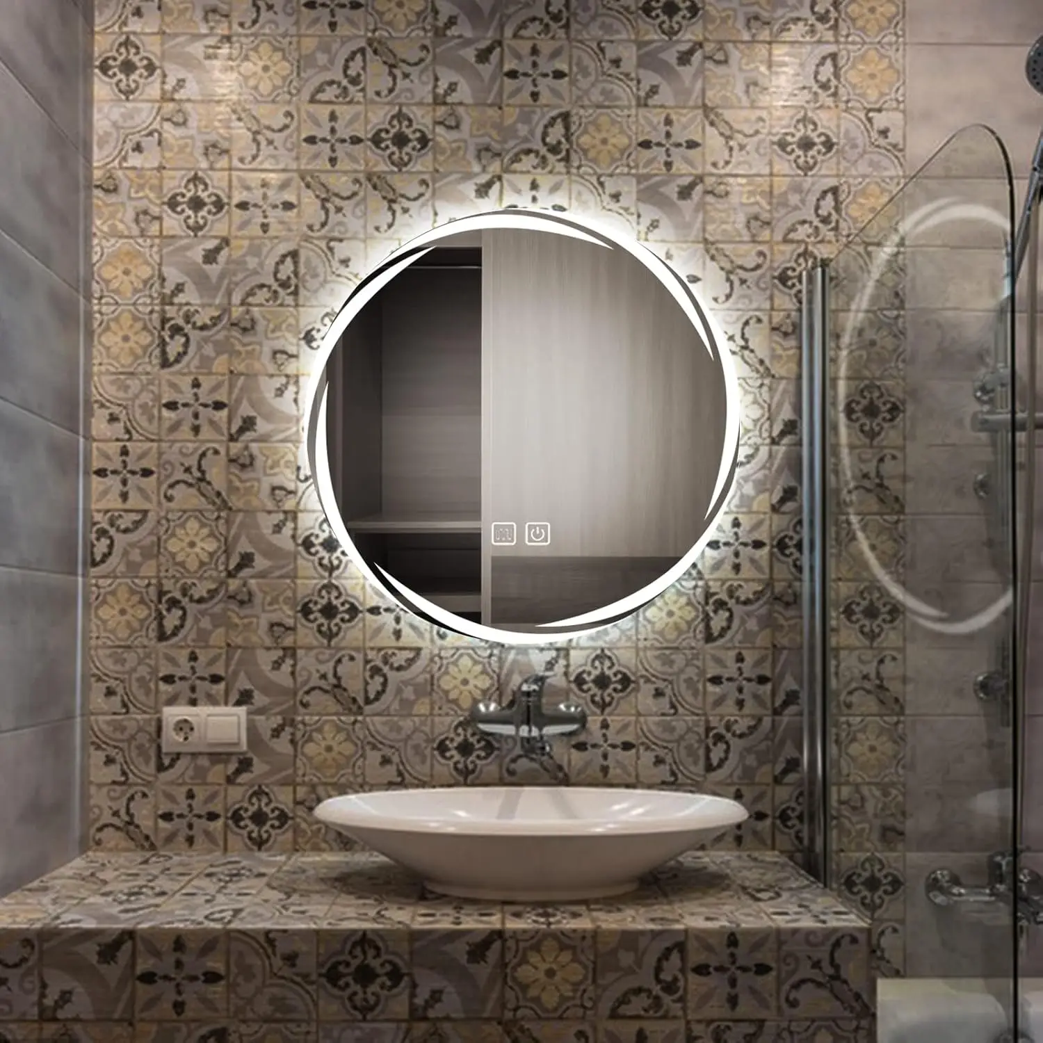 Round Modern round Bathroom LED Mirror Backlit Lighting Touch Sensor Illuminated Rectangular Design Aluminum back Defogger Hotel