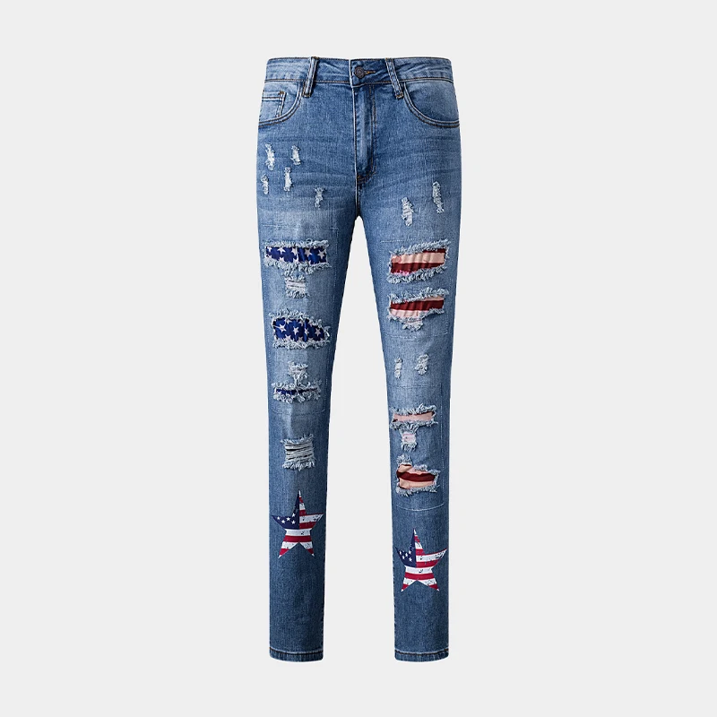 Hot Sale 2023 Cheap Stylish Casual Graphic Print Women Lady Trousers Ripped Jeans