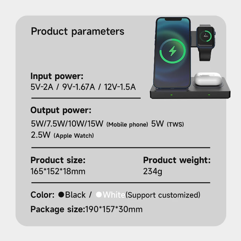 New arrival Cellphone Fast Optional Watch Wireless Charger,3 in 1 Wireless Charging Station for phone earphone wireless charging