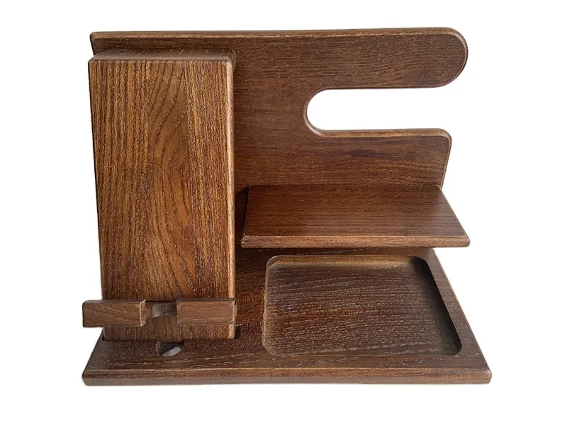 Hot Sale Wood Phone Docking Station Key Holder Wallet Watch Organizer Stand display natural wooden cell phone stand holder table