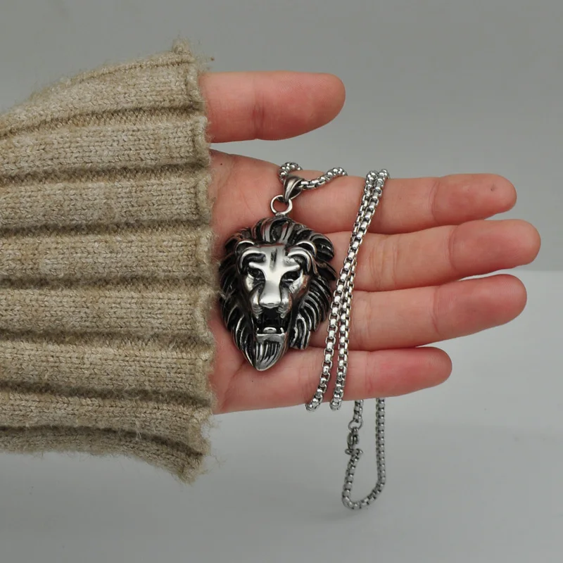 Titanium Steel Gothic Lion Head Pendant Necklace Men