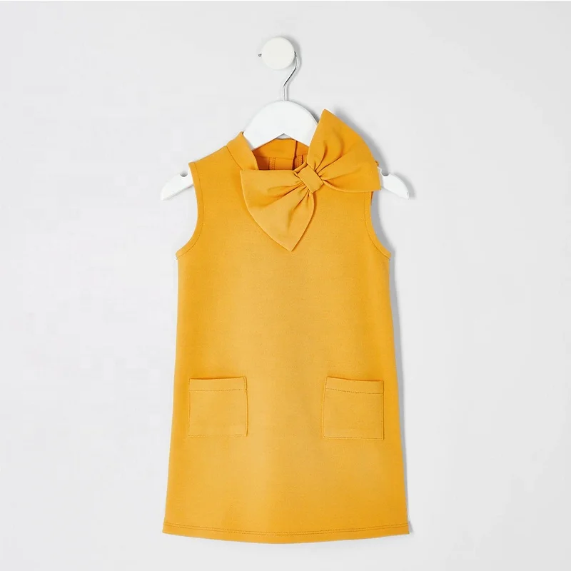 Bow neck detail patch pockets kids dress summer Girls yellow sweet cute cotton shift dress