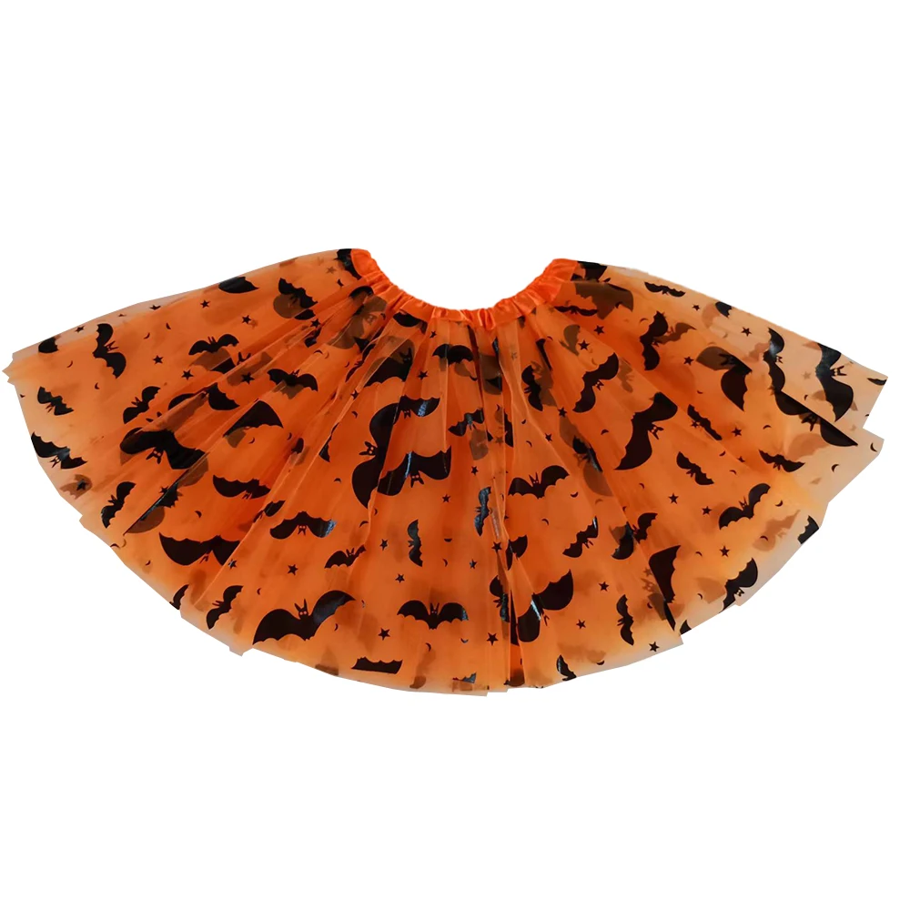 Fashion Kids Girls Mesh Skirts Princess Bats Printed Pleated Tutu Girl Faldas Dance Clothes Party Halloween Skirt GTS018