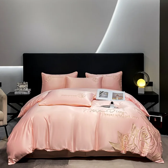 High quality 100% silk embroidered solid color king bed sheet and duvet cover four-piece bedding set