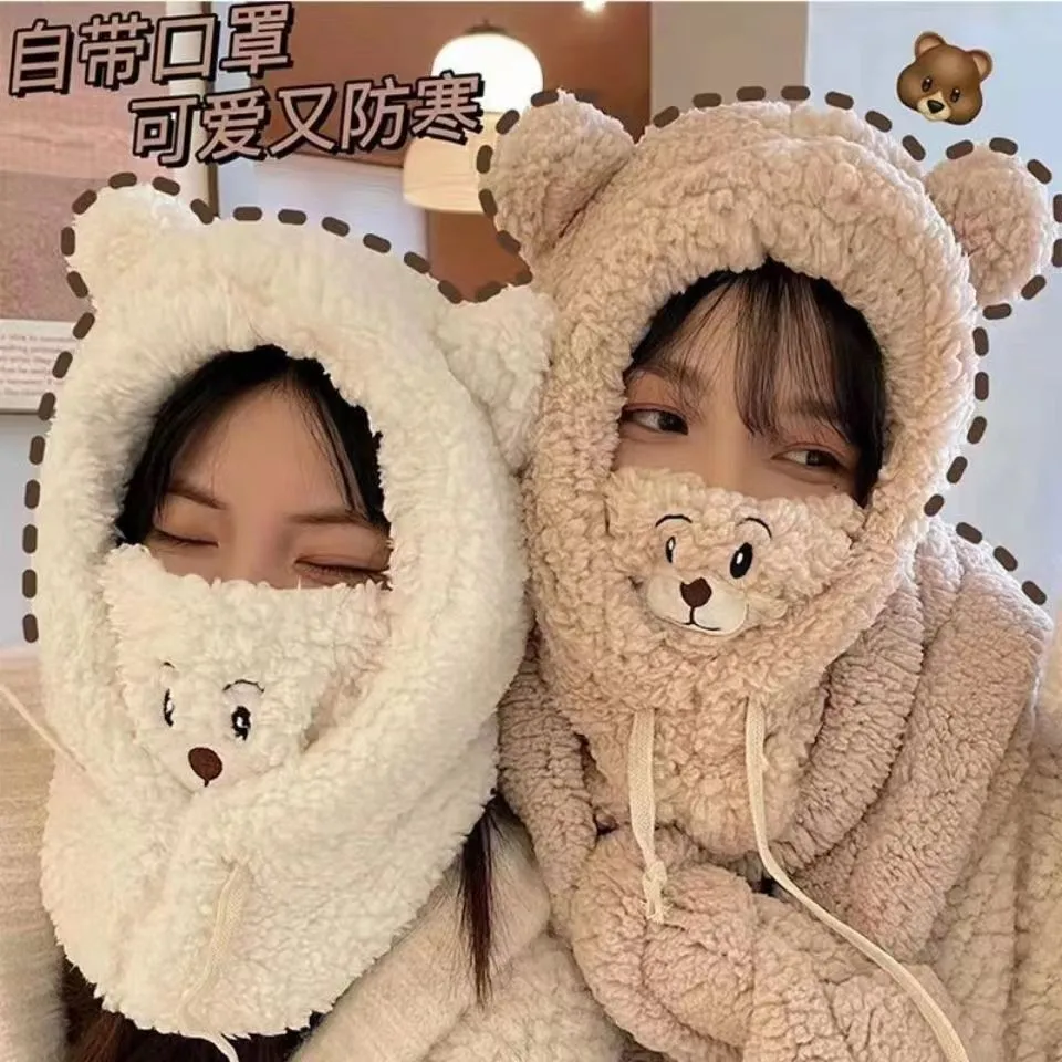 Winter 2 in 1 Scarf Hat Sets With Mask Women Plush Wool Cute Designer Anime Bear Ear Thermal Neck Warm Hat Set