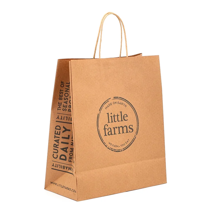 Eco Friendly Custom Brand Logo Brown Kraft Craft Paper Lunch Box Bag Takeaway Food Packaging Degradable Paper Bag with Handle
