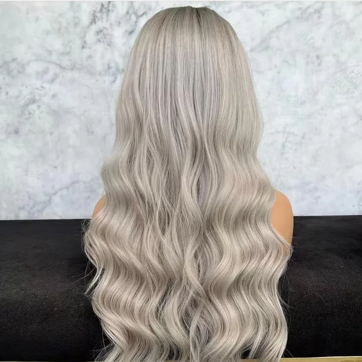 Wig With Dark Root Ombre Gray Blonde Color Loose Wave Invisible Knots Soft European Human Hair Swiss Lace Front Wigs
